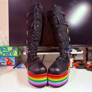 Rainbow Punk Canvas Knee High Buckle Platform Boots - 10.5